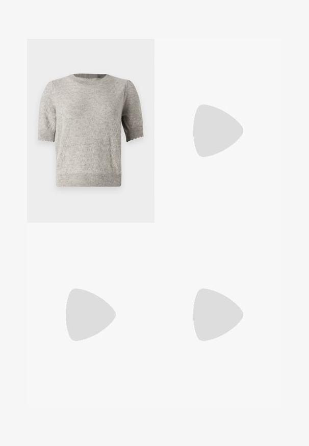 FRAME PUFF SLEEVE SWEATER - Maglione - grey; Gonna midi bianca in maglia con un motivo testurizzato a righe verticali e dettagli a taglio vicino all'orlo. Vita elasticizzata. Materiale morbido.; Pantofole da balletto nere in pelle con punta arrotondata, texture liscia, dettagli di cucitura minimi e design con suola flessibile.; Borsa a tracolla in pelle marrone con chiusura a pattina, hardware color oro, tracolla e una finitura liscia. Forma rettangolare compatta.