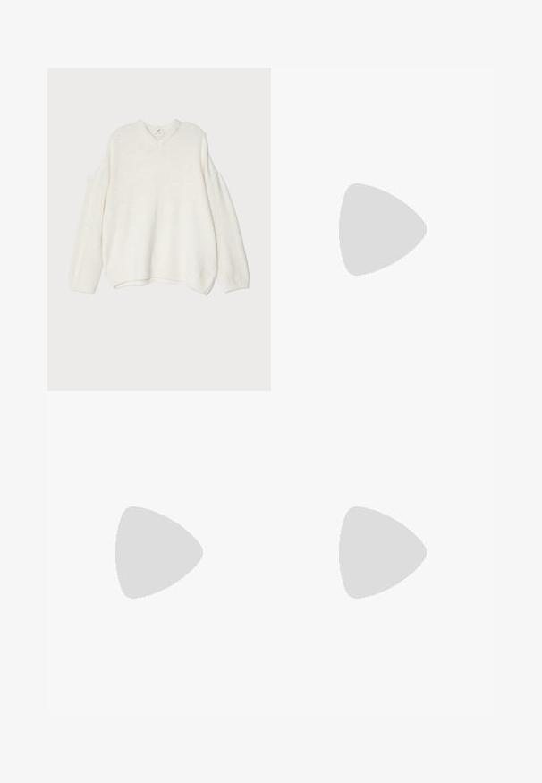 White oversized sweater with a V-neck, ribbed texture, dropped shoulders, and knit cuffs. Soft material with a relaxed design.; Dark brown wide-leg trousers with a high waist, featuring neatly pressed creases, smooth texture, and a tailored fit.; Black leather slingback heeled shoe with a pointed toe and a chunky block heel. Features an adjustable strap with a metal buckle.; Tan leather handbag with unique triangular fold design, top handle, and detachable shoulder strap on white background.