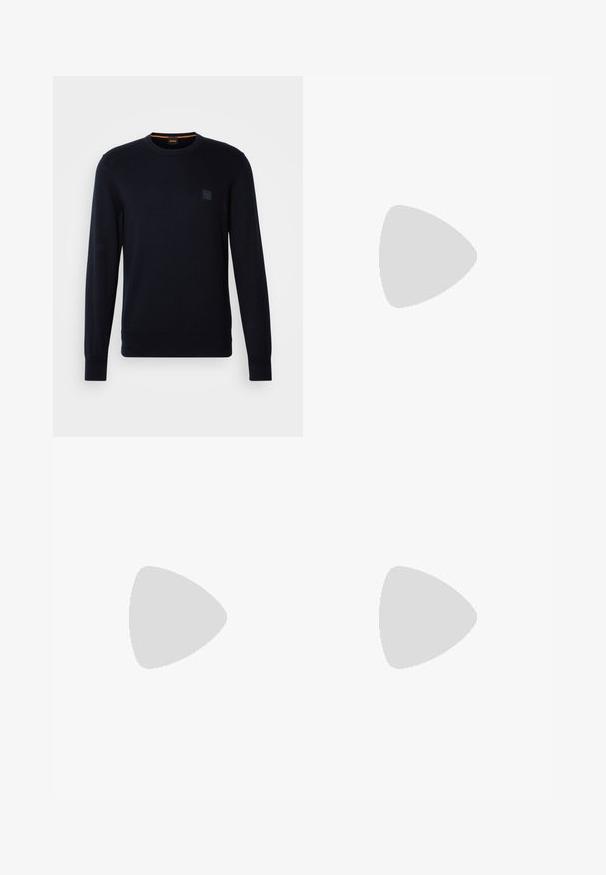 Navy blue knit sweater with long sleeves, crew neckline, ribbed cuffs and hem, featuring a small square logo patch on the chest.; White cotton T-shirt with a crew neck, short sleeves, and a subtle embossed logo on the chest. Interior tag has an orange accent.; Black tailored trousers with a straight cut. Made of smooth fabric, featuring a flat front, belt loops, and two side pockets.; Black leather lace-up shoe with a rounded toe, smooth texture, minimal stitching, and a low rubber heel. Logo on the heel.; Black duffel bag made of textured synthetic material. Features two handles and an adjustable shoulder strap. Simple design with no visible patterns.