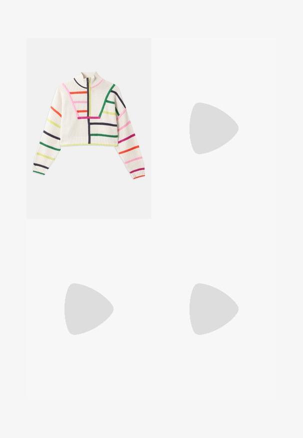 Knit cropped sweater in cream with multicolored stripes. High collar with a half-zipper, ribbed cuffs, and textured fabric.; White wide-leg pants made of cotton, featuring two front pockets, a smooth texture, and a straight waistband with a hidden fastening.; White slingback sandals with a slight heel, thin straps, and a smooth leather texture; features a small decorative buckle.; Black leather handbag with a textured surface, silver hardware, clasp closure, and a short handle for carrying. Compact and structured design.