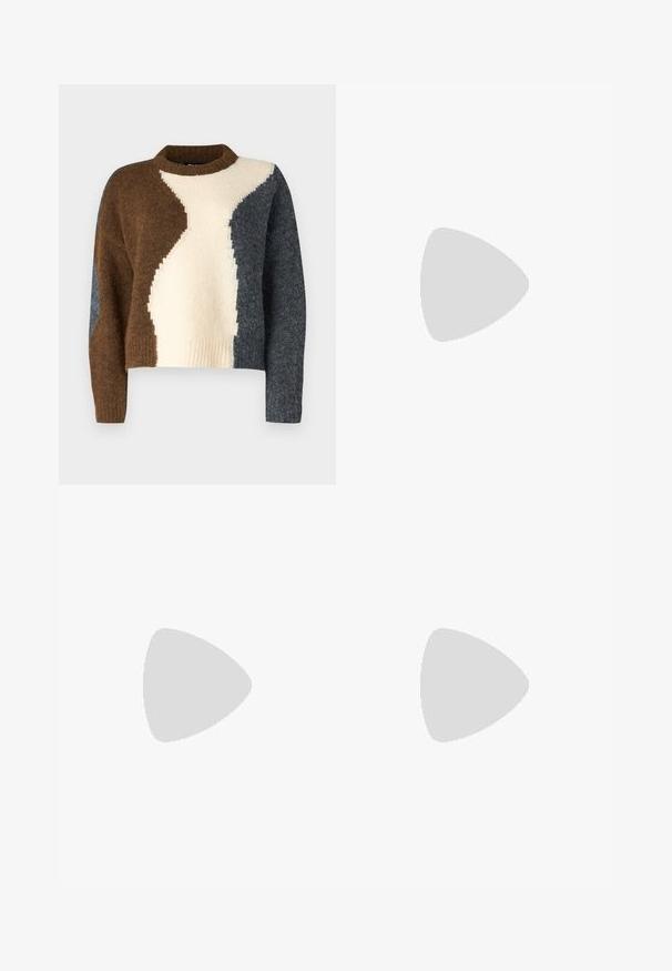 Color-blocked sweater featuring brown, cream, and dark grey hues. Made of soft fabric with a ribbed neckline and cropped design.; Noisy May NMJANNEL LOOSE - Relaxed fit jeans - black denim; Black leather shoes with a rounded toe, thick block heel, and elastic side accents, paired with dark tights and a black skirt with a slit.; Silver hoop earrings with a minimalist design. Circular shape, smooth texture, and thin profile. Lightweight with a polished finish.