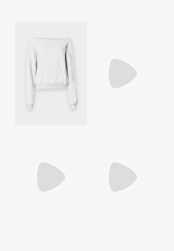 Felpa grigia con un design scoperto sulle spalle, maniche lunghe e polsini a costine. Realizzata in tessuto morbido con un orlo corto.; Jeans in denim blu classico con design a gamba dritta, cinque tasche e chiusura con bottone. Presentano un lavaggio medio e una trama robusta.; Sneaker nera in suede e pelle con un sorriso laterale crema e un tallone di un leggero crema. Presenta lacci beige e una suola in gomma color caramello.; Borsa a tracolla in ecopelle nera con texture a coccodrillo, apertura cinchata e tracolla arricciata. Si presenta con un design morbido e compatto.