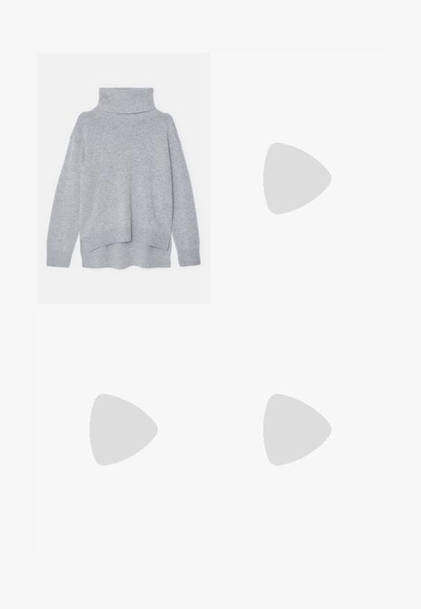 Filippa K RELAXED TURTLE NECK  - Džemperis - grey melange; Juodos kelnės iš lygaus audinio, pasižyminčios aukštu liemeniu, plačiomis kojomis, priekinėmis klostėmis ir klasikiais diržo kilpomis. Šoninių kišenių nematyti.; Juodų odinių baletinių batelių su smailiu nosiu, su užrišamu dirželiu su apvalia metaline sagtimi ir plokščiu padu.; Plyšiniai smėlio spalvos odiniai rankinukai su sidabriniu metaliniu rėmu, turintys du apvalius dekoratyvinius užtrauktukus ir sidabrinę grandinėlę.