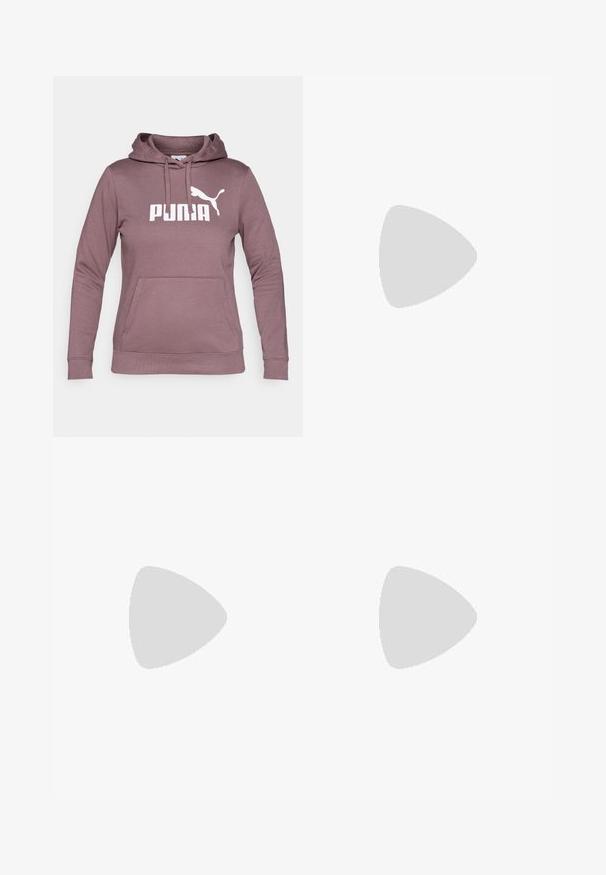 Pullover hoodie in mauve met een voorkantzak, trekkoordkap en wit PUMA-logo. Gemaakt van zachte stof met ribgebreide manchetten en zoom.; Korte mouwen t-shirt in licht olijfgroen, gemaakt van gladde stof. Heeft een zwart Puma-logo op de linkerborst. Ronde halslijn.; Zwarte sportieve legging van rekbaar materiaal met een hoge tailleband, voorzien van zijzakken en een wit logo op het linkerpijp.; Zwarte sportschoenen van gestructureerde stof, met een witte zool en zwarte veters. Draag ze met witte geribde sokken, staand op een lichte ondergrond.