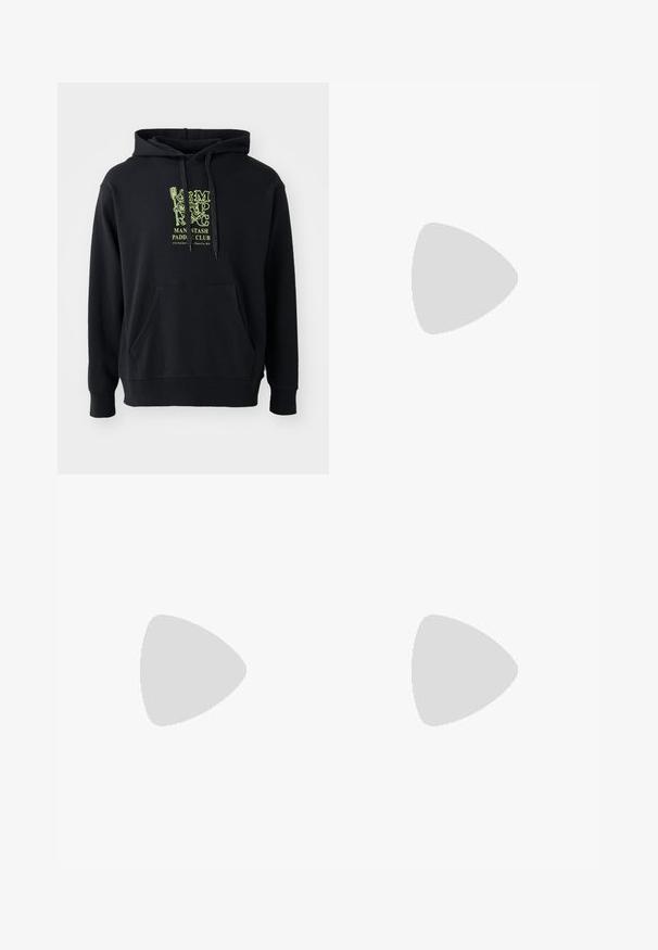 Črna kapuca, izdelana iz mešanice bombaža, z sprednjim žepom, vrvico in izrazito zeleno grafiko na prsih z napisom "MAN STASH PADDLE CLUB."; Črna bombažna majica s kratkimi rokavi, ki ima na prsih dizajn logotipa Adidas v zeleni in rdeči barvi. Preprost, sproščen kroj.; Črne hlače z zapletenim vzorcem različnih oblik, vključno s cvetličnimi motivi in črtami v oranžni, zeleni in beli barvi.; Črno-bele superge z zgornjim delom iz usnja in nubuka, ki imajo tri bele črte, perforiran vrh prstov in podplat iz gume.
