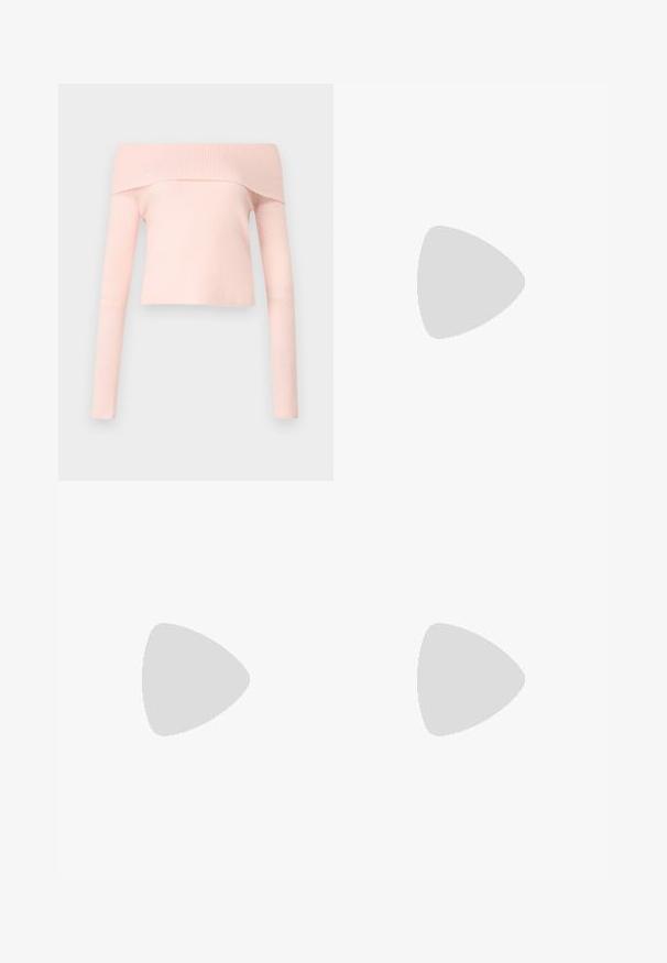 Világos rózsaszín, vállra lelógó, bordázott kötésű crop top hosszú ujjakkal és egyenes aljjal. Sima textúra, minimalista design.; Fekete, szabott nadrág egyenes szárú kialakítással, övhurkokkal és oldalsó zsebekkel. Simább anyagból készült, tiszta kivitelben.; Fekete bőr balettcipő lekerekített orral, sima tekstúrával, minimális varrással és rugalmas talp kialakítással.; Ezüst fényű kézi táska, elegáns téglalap alakú, elől masnilagos díszítéssel és két rövid fogantyúval. Sima textúra.