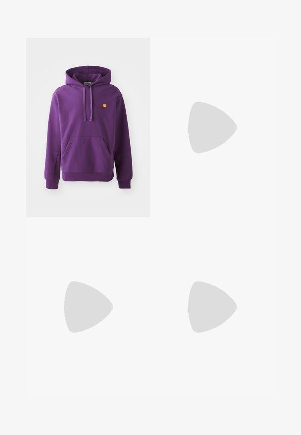 Purple hooded sweatshirt with a front pocket and ribbed cuffs, featuring a small orange Carhartt logo on the chest. Soft fabric texture.; Cargo pants in olive green, made of cotton, with a wide leg design, pleats, and side pockets for utility.; Gray athletic shoe featuring a mesh and suede upper, white accents, a cushioned sole, and a distinctive design with reflective elements.; Three-layered silver metal necklace featuring sleek, flexible chains with a slight sheen, secured with a lobster clasp and adjustable chain.