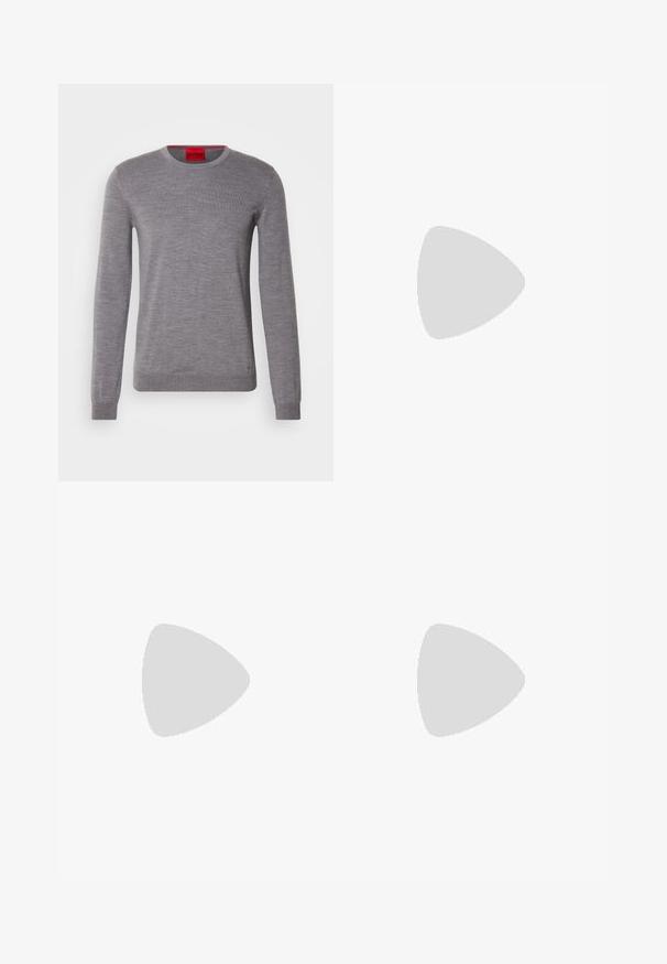 HUGO SAN CEDRIC - Pullover - medium grey; Pantalons beiges en tissu lisse, présentant une coupe droite, une fermeture à bouton à l'avant et des détails de plis discrets sur le devant.; Mocassins en cuir noir à bout arrondi, avec un design cousu, une semelle plateforme basse et une semelle en caoutchouc texturée et crantée.; Lunettes de soleil rondes avec une fine monture en métal noir, des verres foncés et des plaquettes de nez ajustables. Les branches présentent un détail de marque subtil.