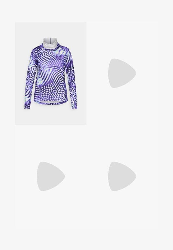 Dlhý rukáv top s fialovo-bielym vlnitým vzorom. Materiál je elastický, s vysokým golierom a prešívanými detailmi na zvýšenie trvanlivosti.; Čierne tričko s dlhým rukávom vyrobené z bavlny s okrúhlym výstrihom. Obsahuje malé biele logo na ľavej strane hrudníka. Jednoduchý dizajn a strih.; Čierne vonkajšie nohavice vyrobené z odolného materiálu, s voľným strihom, elastickým pásom a sťahovacími manžetami pre nastaviteľnú dĺžku.; Beige a krémová športová obuv s textúrovaným sieťovým zvrškom, podporujúcimi prekrytiami a gumovou podrážkou s dezénom pre trakciu.