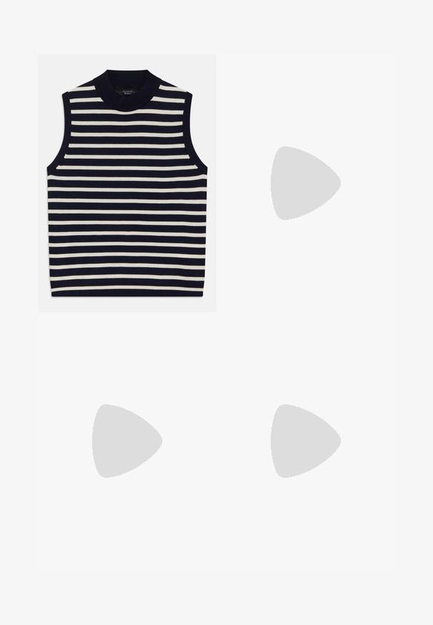 Sleeveless top featuring vertical navy and cream stripes, ribbed crew neck, soft knit material, clean edges, and modern design.; Navy blue wide-leg pants in cotton with multiple pockets. Features colorful embroidered text and graphics including hearts and playful phrases.; Brown suede loafer with a round toe, featuring a ribbed platform sole and a decorative strap across the upper.; Brown leather handbag with a flap closure, gold-tone hardware, a shoulder strap, and a smooth texture. Compact rectangular shape.