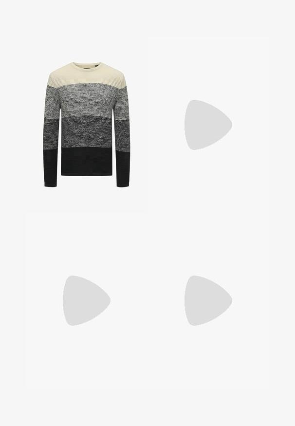 Maglione a maniche lunghe con strisce orizzontali in crema, grigio e nero. Maglia strutturata con polsini e orlo a costine. Design con colletto rotondo.; Pantaloni neri con un design a gamba dritta, realizzati in un tessuto liscio. Presentano pieghe frontali e una chiusura a un bottone in vita.; Mocassini in pelle nera con finitura liscia, dotati di un dettaglio di cinturino anteriore e di una suola in gomma spessa con accenti scanalati.; Orologio in metallo argentato con quadrante blu spazzolato, indici bianchi e display della data. Dotato di un bracciale metallico a maglie e logo del marchio.; Collana in argento con maglie spesse e un pendente circolare centrale caratterizzato da dettagli intricati. Superficie metallica liscia e riflettente.
