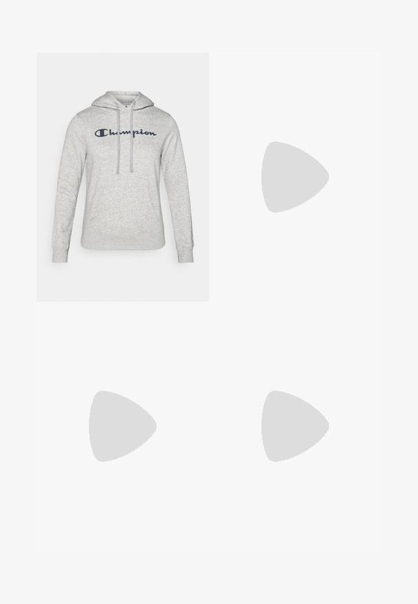 Hoodie gris avec une capuche à cordon, poche frontale, et logo "Champion" brodé en bleu marine sur la poitrine. Texture de tissu douce.; Brassière blanche courte en tissu léger avec un col rond. Dotée d'un logo noir sur le côté gauche et d'une texture lisse.; Pantalons de jogging bleu marine en mélange de coton doux, dotés d'une taille élastique avec cordon de serrage et d'un bas fermé, avec un petit logo en accent.; Baskets blanches avec une tige en maille, trois rayures noires sur le côté, des accents texturés et une semelle en caoutchouc robuste avec une section noire contrastante.