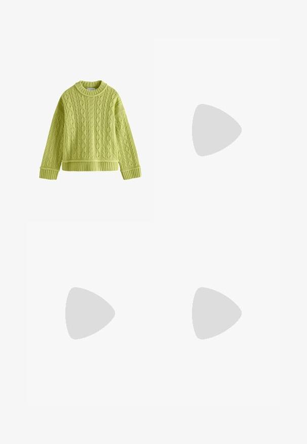 Next PREMIUM CABLE - Džemperis - green lime; Platas kājas bikses gaiši bēša denimā, ar pogu aizdari, piecām kabatām un gludu tekstūru. Vienkāršs un mūsdienīgs dizains.; Baltas augstpapēžu čības ar spīdīgu satīna virsu, platām blokveida papēžiem un potītes siksniņu ar mazu sprādzi. Gluda tekstūra, minimāls dizains.; Anna Field 2 PACK - Lakats - dark blue/pink