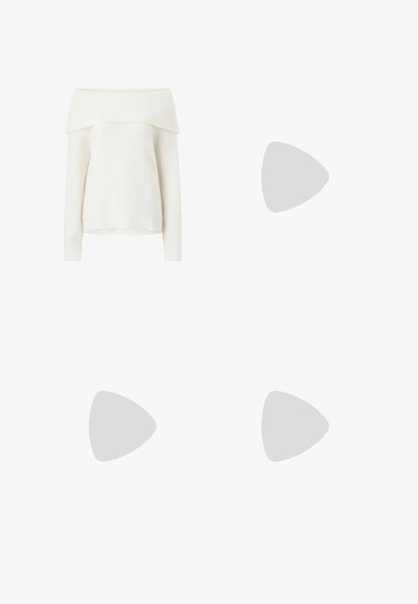 Off-the-shoulder white knit sweater with ribbed texture, long sleeves, and a relaxed fit. Features a wide, folded neckline and ribbed cuffs.; Brown satin midi skirt with a smooth texture, fitted waist, and a straight silhouette, featuring a subtle sheen and no visible patterns.; Black leather ballet flats with a rounded toe and a small bow detail on the front. Smooth texture and a flat sole design.; Black patent leather handbag with a crocodile texture, gold hardware, a top handle, and a detachable shoulder strap. Rectangular shape with a flap closure.