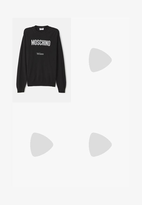 Črn pleteni pulover z dolgimi rokavi, ki vsebuje logo "MOSCHINO" v beli barvi in "Milano" v manjšem besedilu spodaj. Rebrasti manšeti in spodnji del.; Bela dolgo rukava srajca s kragnico, izdelana iz bombaža, z žepom na prsih in toniranimi vezeninami ter gumbi na manšetah.; Rjave hlače z visokim pasom, izdelane iz teksturirane tkanine. Imajo široke noge in dve sprednji pregibi za strukturo. Urejen zaključek brez vidne strojne opreme.; Črne usnjene loafer čevlje z gladko teksturo, zaobljenim nosom in dekorativnim trakom čez zgornji del. Nizka zložena peta, minimalističen dizajn.