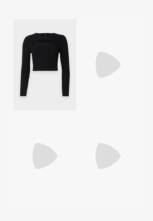 Μαύρο κοντό τοπ με μακριά μανίκια, ραβδωτή υφή και μοναδικό σχέδιο κοπής στην περιοχή του στήθους. Φτιαγμένο από μαλακό πλεκτό υλικό.; Φαρδιά, ανοιχτού μπεζ τζιν παντελόνια με ψηλή μέση, δύο μπροστινές τσέπες, κλείσιμο με κουμπί και διακριτική ραφή.; Γυαλιστερό μποτάκι σε μπορντώ απόχρωση μέχρι τον αστράγαλο με χοντρό μαύρο τακούνι, χαρακτηρισμένο από λεία υφή και απλό σχέδιο. Χωρίς ορατούς κλειδώματος ή μοτίβα.; Μαύρη δερμάτινη τσάντα tote με λείο υφή, ορθογώνιο σχήμα και δύο μακριές λαβές. Χωρίς ορατό υλικό ή διακοσμητικά στοιχεία.