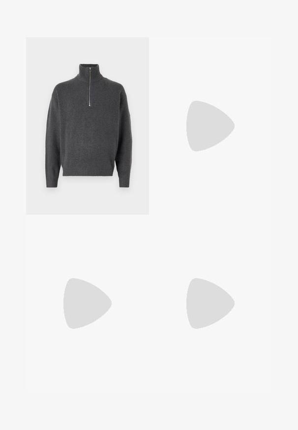 Jack & Jones JOROLLIE HALF ZIP - Camisola - iron gate; Calças de ganga azul-escuro com perna larga, design de cinco bolsos e fecho de botão. Inclui ferragens em tom cobre e textura subtil.; Sapatilha de corrida preta com parte superior em malha e material sintético, sola flexível e atacadores elásticos. Apresenta uma palmilha amortecida para conforto.; Óculos de sol pretos com lentes retangulares, armação em plástico mate e bordas retas. Apresenta o logotipo da marca na parte interna da haste.