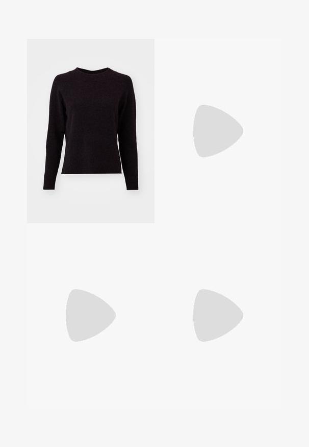 Maglione a maglia grigio scuro con maniche lunghe, scollo rotondo e orlo a Costine. Texture morbida, design semplice e senza motivi o dettagli visibili.; Pantaloni neri a gamba larga in denim, con una vita strutturata, passanti per la cintura e tasche frontali. Texture liscia con un design classico.; Pump in pelle nera con punta affusolata, cinturino alla caviglia e tacco spesso. Texture piatta, design elegante ed estetica minimalista.; Borsa tote in pelle nera con texture liscia, forma rettangolare e due manici lunghi. Nessun hardware o decorazione visibile.