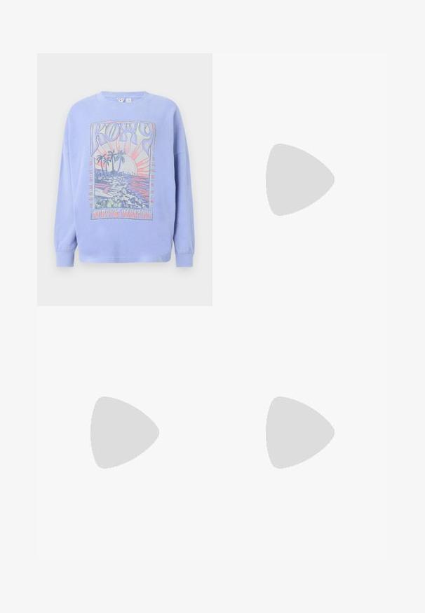 Light blue sweatshirt with long sleeves, featuring a colorful graphic print of a sunset and palm trees. Text reads “Roxy Surfing Horizons.”; Wide-leg jeans in dark blue denim. Features five pockets, belt loops, and a raw hem at the bottom with visible stitching details.; Black suede sneakers with white stripes and accents, rounded toe, gum rubber outsole, paired with white ribbed crew socks.; Black leather handbag with a curved shape, detachable strap, and gold hardware. The bag features a flap with a buckle detail.