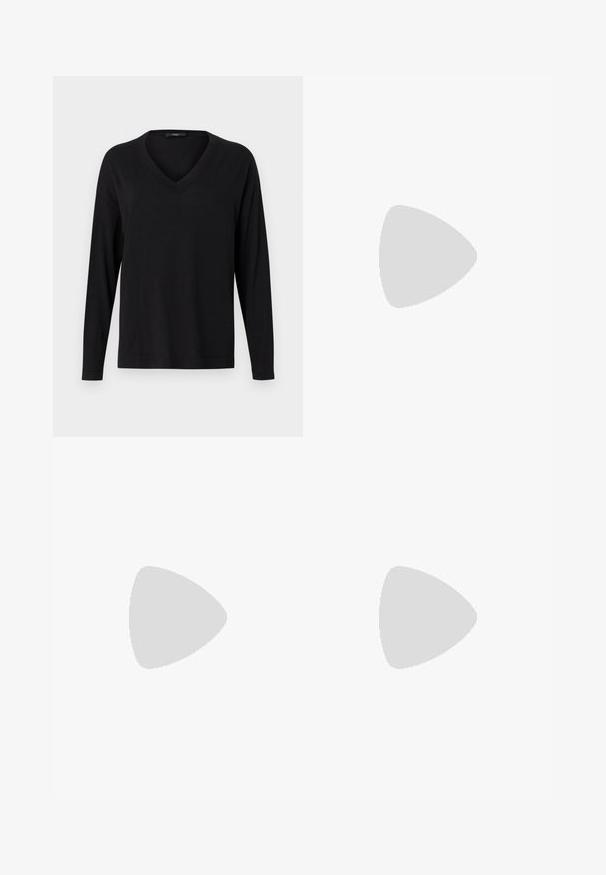 Black long-sleeve V-neck sweater made of soft fabric, featuring a relaxed fit and ribbed detailing at the collar and cuffs.; Black sequin pencil skirt with an elastic waistband. The surface is covered in densely arranged, reflective sequins, creating a textured look.; Black leather ballet flat with a rounded toe, smooth texture, minimal stitching detail, and a flexible sole design.; Brown leather handbag with a flap closure, gold-tone hardware, a shoulder strap, and a smooth texture. Compact rectangular shape.