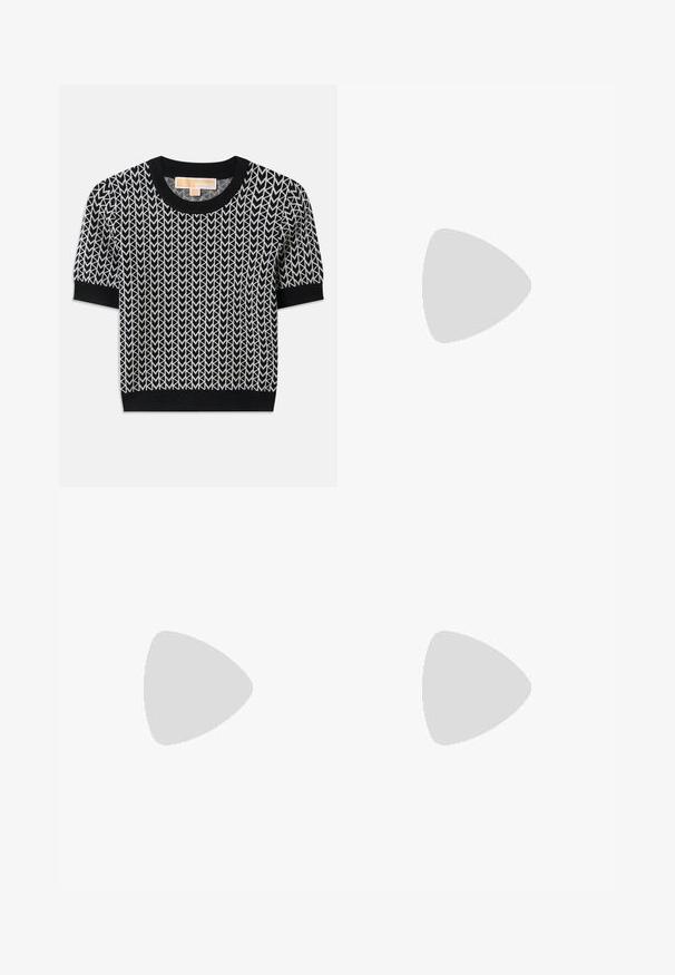 Black short-sleeve sweater featuring a woven arrow pattern in white. Ribbed neckline and cuffs, with a fitted shape and soft texture.; Black flared pants featuring a smooth texture, tailored waistband, and front pockets, designed with a sleek, modern silhouette.; Black leather loafers with a chunky sole, featuring a gold-tone accent on the front and a smooth finish. Chunky tread design on the sole.; Black leather crossbody bag with two front pockets, gold buckles, zipper closure, and a slim strap. Textured surface and compact rectangular shape.