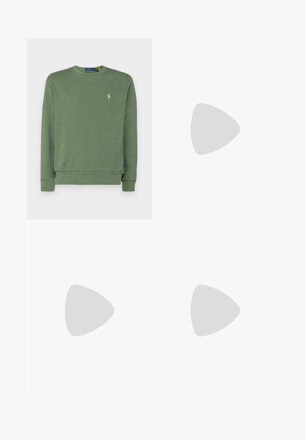 Polo Ralph Lauren LOOPBACK SWEATSHIRT - Collegepaita - cargo green; Valkoinen polo-paita, joka on valmistettu puuvillasta ja jossa on toistuva sininen koirakuosi sekä pieni sininen logo rinnassa. Lyhyet hihat ja kaulus.; Valkoiset puuvillahousut, joissa on joustava vyötärö, etutaskut ja napitusyksityiskohta. Suora lahjesuunnittelu, jossa on sileä pinta.; Valkoiset urheilukengät, joissa on harmaat mokkaakset, verkko-yläosa, sininen kantapään värinappi ja musta kumipohja. Varustettu nauhakiristimellä ja logolla.