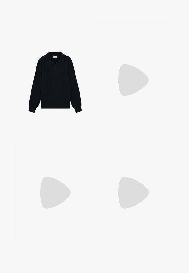 Czarna rozpinana bluza wykonana z miękkiego materiału, z kołnierzykiem, długimi rękawami oraz subtelnym detalem logo na piersi.; Granatowe spodnie z gładkim przodem, wykonane z gładkiego materiału. Zawierają dwa boczne kieszenie oraz zamek błyskawiczny z zapięciem na guzik.; Brązowe skórzane buty formalne z misternym detalem broguing, okrągłym noskiem i płaskim obcasem. Posiadają pięć otworów na sznurówki i gładką teksturę.; Czarno-srebrne okulary przeciwsłoneczne w kształcie kociego oka, z gradientowymi soczewkami i metalowymi akcentami na oprawie. Plastikowe ramiona z szarymi końcówkami.