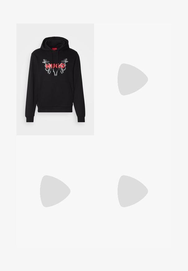 Black hoodie featuring a large graphic of two dogs and the brand name "HUGO" in red. Includes a front pocket and drawstring hood.; White short-sleeve t-shirt with blue and green flame-style "HUGO" text across the chest, round neckline, and blue inner label.; Black cargo pants made of cotton with a relaxed fit, featuring side pockets, a button closure, and straight legs. Simple design without patterns.; Black ankle boot with a smooth finish, elastic side panels, and a contrasting red pull tab, featuring a thick rubber sole and rounded toe.
