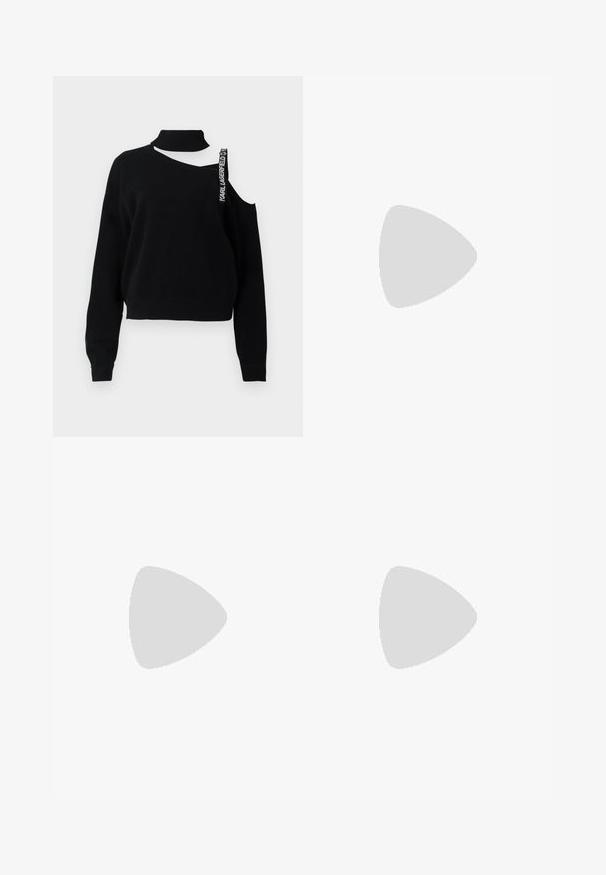 Black sweater with a high neck, one shoulder exposed, and a prominent strap reading "Karl Lagerfeld." Textured knit with ribbed cuffs.; Black and white tapered trousers featuring a slim fit with contrasting panels. Fabric has a smooth texture; waistband is flat and fitted.; Black leather slingback heels with a pointed toe, slender heel, and decorative buckle detail on the vamp. Smooth texture and sleek design.; Black and white striped handbag with a structured shape, featuring a top handle, a detachable chain strap, and metallic logo accent.