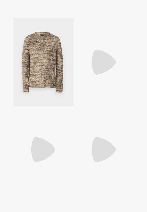 Beige pletený svetr s texturovaným vzorem v různých odstínech hnědé, kulatým výstřihem a dlouhými rukávy.; Černé elegantní kalhoty s rovnýma nohavicema, vyrobené z hladkého materiálu. Obsahují poutka na opasek a detail sklady na přední straně.; Bílé kožené tenisky s hladkým povrchem, zaoblenou špičkou, plochými tkaničkami a texturovanou podrážkou. Šedý semišový detail na patě.; Sluneční brýle s obdélníkovými tmavě šedými skly, stříbrnými kovovými rámy a černými plastovými konci na nožičkách. Lehké provedení s podložkami na nos.