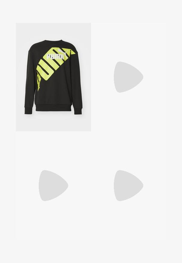 Felpa nera con un audace logo "PUMA" in neon giallo diagonale e design grafico, realizzata in morbido tessuto testurizzato con maniche lunghe.; T-shirt nera a maniche corte con tessuto testurizzato e "LDN" stampato in bianco sul petto. Collo rotondo, design minimalista.; Pantaloni corti sportivi neri con una cintura elastica, in tessuto leggero e con un logo discreto sul lato sinistro in basso. Texture liscia.; Scarpa sportiva nera con tomaia texture, tallone rinforzato e una suola grigia spessa. Caratterizzata da un logo "N" prominente.