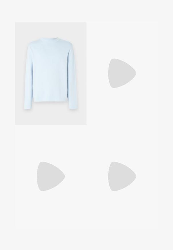 Light blue sweater with long sleeves and crew neckline. Smooth texture, ribbed neckline, and hem. Minimalist design, no patterns or embellishments.; Black tailored trousers with a straight fit, made from smooth fabric. Features belt loops and crease detail along the front.; White leather sneakers with a smooth finish, rounded toe, flat laces, and a textured sole. Grey suede accent at the heel.; Clear plastic sunglasses with rectangular brown lenses, featuring thin, transparent arms and metal accents on the temples.