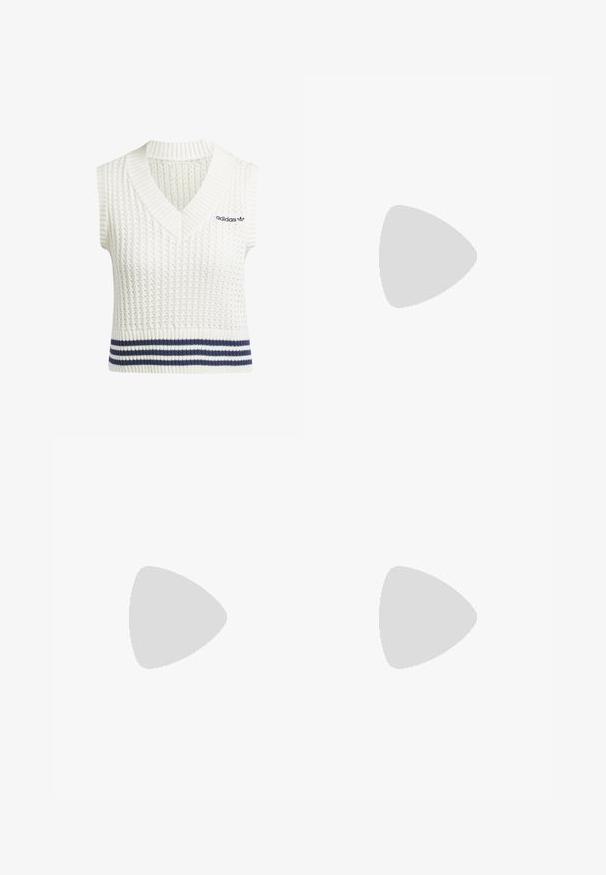 Valkoinen hihaton neuleliivi V-mallisella kaula-aukolla, jossa on teksturoitu kuvio ja tummansinisiä raitoja alaosassa. Adidas-logo vasemmalla rinnassa.; Housut leveillä lahkeilla kiiltävässä harmaassa materiaalissa, valkoisilla sivuviivoilla ja liekkikuvioilla alaosassa. Napin ja vetskarin suljenta vyötäröllä.; Vaaleansininen mokkanahkakengät, joissa on valkoiset kolme raitaa, kumipohja ja teksturoitu verkko. Ominaisuuksiin kuuluu sileä varvaskuppi ja brändäys kannassa.; Mustat suorakulmaiset aurinkolasit tummilla linsseillä. Paksu muovikehys, sileä pinta ja pyöristetyt reunat. Tyylikkäät templet ulottuvat ulospäin.