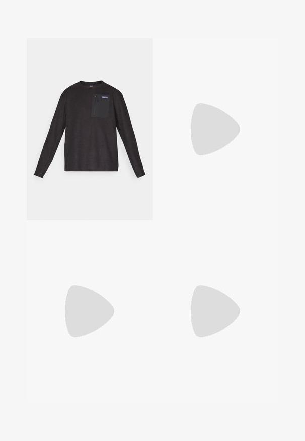 Fleece preto de manga longa com decote redondo, em tecido texturizado, com bolso no peito com zíper e logotipo da Patagonia.; Camiseta cinza de manga curta feita de um tecido suave e texturizado, com um pequeno logo azul da Patagonia no lado esquerdo do peito. Sem padrões adicionais.; Calças cinza-escuras feitas de um tecido durável, com um bolso com fecho éclair, corte reto e passantes para cinto para um ajuste ajustável.; Ténis impermeáveis castanhos com um upper texturizado, detalhes perfurados, apoio para o calcanhar preto e uma sola de borracha cinza. Os atacadores têm extremidades metálicas.