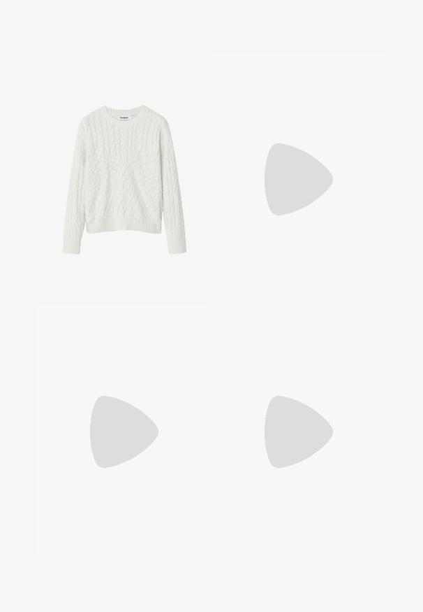 Maglione bianco a maglia intrecciata con scollatura rotonda, caratterizzato da motivi testurizzati e polsini e orlo a coste. Realizzato in morbido materiale a maglia.; Pantaloni a gamba larga rosa chiaro realizzati in tessuto liscio. Presentano una vita strutturata e gambe dritte e fluide, senza motivi o accessori visibili.; Stradivarius Sneakers basse - white; Borsa in pelle rosa con pattina curva, tracolla singola e linee pulite. La borsa presenta una texture liscia e un design minimalista.