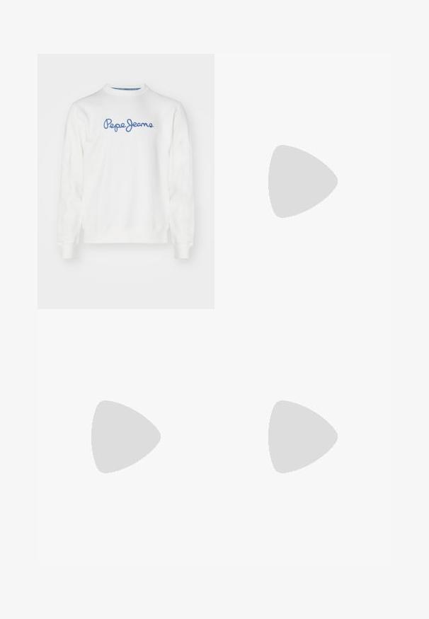 Balta kokvilnas sporta krekls ar zilu izšūtu "Pepe Jeans" logo, apaļu kakla izgriezumu un garām piedurknēm ar ribotiem galiem.; Melni džinsi ar taisnu kāju dizainu, pieci kabatas un jostas cilpas, ar nedaudz izbalējušu tekstūru un kontrastējošiem šuvumiem.; Melnas ādas Čelsijas apavi ar elastīgām sānu daļām, noapaļota pirksta forma, cilpa aizmugurē, balta šuvuma līnija uz zoles un teksturēta gumijas zole.; Sudraba analogais pulkstenis ar astoņstūru korpusu, pelēku ciparnīcu, sudraba stundu atzīmēm un nerūsējošā tērauda saiti. Minimālisma dizains ar gludu tekstūru.