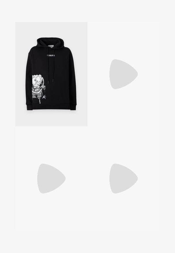 Sort hætte sweatshirt med en grafik af en tegneseriefigur i grå og hvid. Har en forlommer og snørrebånd ved hætten, lavet af blødt stof.; Tiger of Sweden TENUTA - Bukser - pale sand; Sort lædersneakers med grå accenter, hvid gummisål, rund tå og seks sorte øjer til snørebånd. Teksturert sidetavle-detalje.; Sorte rektangulære solbriller med mørke glas, tyk plastisk ramme, guldtryk på stængerne og brandlogo indgraveret på armen.