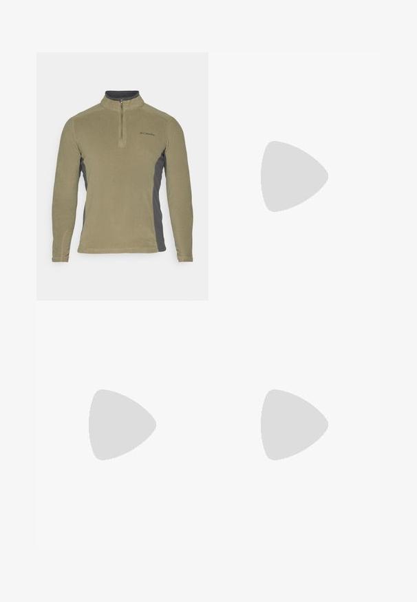 Pullover de fleece em verde oliva com painéis laterais cinza escuro, gola alta e fecho de zip na frente. Apresenta um pequeno logótipo no peito.; Camiseta cinza de manga curta feita de um tecido suave e texturizado, com um pequeno logo azul da Patagonia no lado esquerdo do peito. Sem padrões adicionais.; Calças cinza-escuras feitas de um tecido durável, com um bolso com fecho éclair, corte reto e passantes para cinto para um ajuste ajustável.; Ténis impermeáveis castanhos com um upper texturizado, detalhes perfurados, apoio para o calcanhar preto e uma sola de borracha cinza. Os atacadores têm extremidades metálicas.