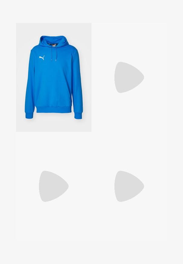 Modra kapuca majica iz mehkega blaga, z belim logotipom Puma na prsih, sprednjim žepom in rebrastimi manšeti ter robom.; Črna športna majica s kratkimi rokavi iz lahkega materiala. Ima okroglo izreznico in potiskano "HYROX" logo ter emblem Puma na sprednji strani.; Črne športne hlače iz gladkega, lahkega materiala. Imajo elastičen pas in mali bel logotip na levi strani.; Črne atletske čevlje z mrežasto zgornjim delom, ravnimi vezalkami in oblazinjeno podplat, ki ima subtilne odsevne akcentne.