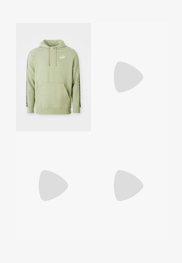 Sweatshirt Puma verde-claro com bolso frontal, logótipo no peito, capuz com cordão e faixas de marcação nas mangas.; Camisa atlética preta de manga curta feita de um tecido liso e leve. Apresenta um decote arredondado e um logótipo discreto no peito.; Leggings atléticas pretas feitas de tecido elástico. Apresentam um cós com cordão e um pequeno logótipo refletor na parte frontal da coxa direita.; Sapatilha atlética cinza com parte superior em malha texturizada, detalhes em preto e rosa, e uma sola branca acolchoada com um design triangular distintivo.