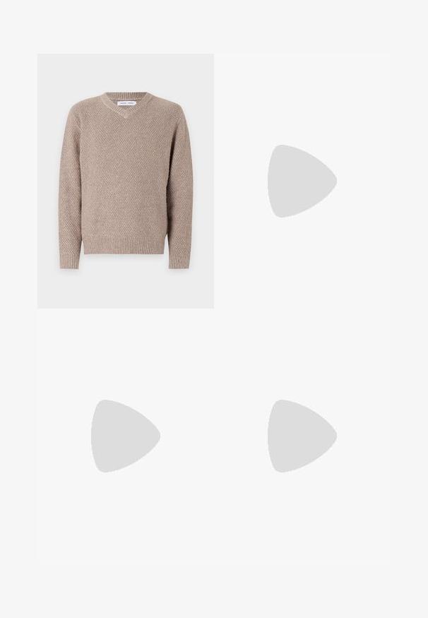 Beige knit sweater with a V-neck, featuring a textured pattern and ribbed cuffs and hem. Made from a soft, warm material.; Black tailored trousers with a straight fit, made from smooth fabric. Features belt loops and crease detail along the front.; White leather sneakers with a smooth finish, rounded toe, flat laces, and a textured sole. Grey suede accent at the heel.; Clear plastic sunglasses with rectangular brown lenses, featuring thin, transparent arms and metal accents on the temples.