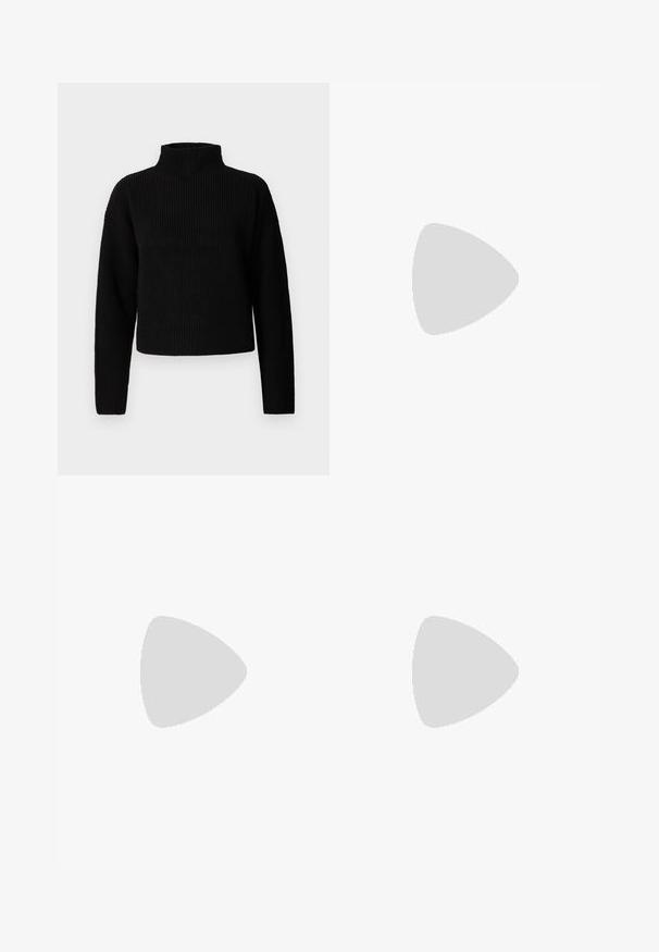 Black ribbed turtleneck sweater with long sleeves and a cropped design. Texture appears thick and knitted, with no visible patterns or embellishments.; Black faux leather pants with a wide-leg cut, featuring white stitching, front pockets, and a gold button at the waistband.; Black leather ballet flat with a rounded toe, smooth texture, minimal stitching detail, and a flexible sole design.; Black leather bucket bag with a textured finish, gold hardware accents, and an open top. Features a short handle and adjustable shoulder strap.