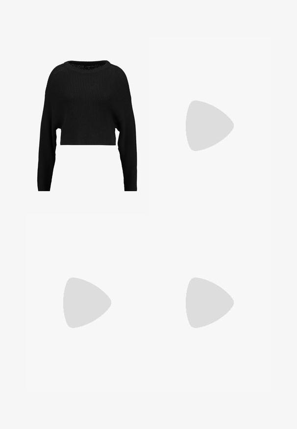 Pull en tricot noir court avec une coupe ample, un col large et des manches longues, présentant un motif texturé à côtes sur l'ensemble.; Pantalons larges noirs en tissu lisse et brillant, avec une taille élastique et sans poches ni détails en métal visibles.; Baskets en toile noires avec des lacets blancs, un embout en caoutchouc blanc et une semelle intermédiaire blanche épaisse. Présentent des coutures blanches discrètes et une semelle en gomme.; Lunettes de soleil noires rectangulaires avec des verres foncés et des montures en mat épais. Les branches sont légèrement effilées avec une texture lisse.