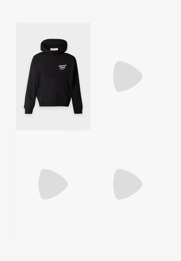 Black hoodie made of soft fabric, featuring a front pocket, ribbed cuffs, and a logo in white on the left chest area.; Two crew-neck t-shirts in black and olive green, made of soft cotton fabric. The design is simple with short sleeves and a straight cut.; Black athletic pants made of textured fabric, featuring an adjustable waistband, zippered side pocket, and tapered cuffs.; White leather sneakers with a thick cream sole, navy heel accent, and side logo. Smooth texture, minimalist design, featuring lace-up closure.