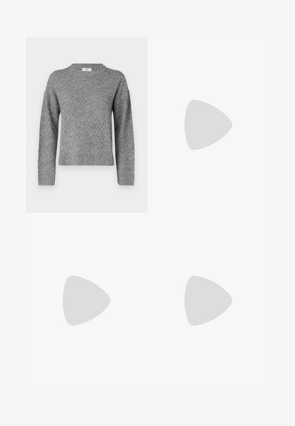 JDY JDYBIGUM O-NECK - Strikkegenser - medium grey; Lys blå høytlivs vide jeans med knapp- og glidelås lukking foran, foran og bak lommer, på en hvit bakgrunn.; Høy svart skinnstøvlett med chunky svart plattformsåle og brunt akcent på hælen, sidevisning på lys grå bakgrunn.; Brun lær tote veske med en jevn tekstur, åpen toppdesign og to skulderstropper. Har minimal søm og ingen synlige spiker.