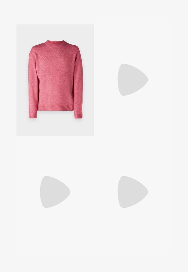 Jack & Jones JOROLLIE CREW NECK - Svetrík - fuchsia rose; Tmavomodré deninové nohavice so rovný strihom, dizajnom s piatimi vreckami a zapínaním na gombík. Obsahujú jemné blednutie a kontrastné šitie.; Biele kožené tenisky s hladkým povrchom, zaoblenou špičkou, plochými šnúrkami a textúrovanou podrážkou. Sivý semišový akcent na päte.; Čierne obdĺžnikové slnečné okuliare s tmavými sklami. Lesklý rám, rovné ramená s miernym zakrivením. Minimalistický dizajn, bez ozdôb.