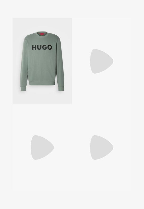 Hele roheline dressipluus pehmest kangast, millel on ümmargune kaelus ja silmapaistev must "HUGO" logo rinnaümbruses.; Valge puuvillane T-särk ümmarguse kaelusega, lühikeste varrukatega ja rinna peal diskreetse reljeefse logoga. Siseetiketil on oranž detail.; Mustad püksid siledast kangast, sirgete jalgadega, nupuvõtme sulgemisega ja klassikaline disain, sobiv nii ametlikeks kui ka igapäevasteks kandmiseks.; Mustmustel musta nahast ülemise osaga, ümmarguse varbaga, lamest paeltega, pehmendatud kaeluse ja minimalistliku disainiga. Kummist tald, millel on peen tihenemine.