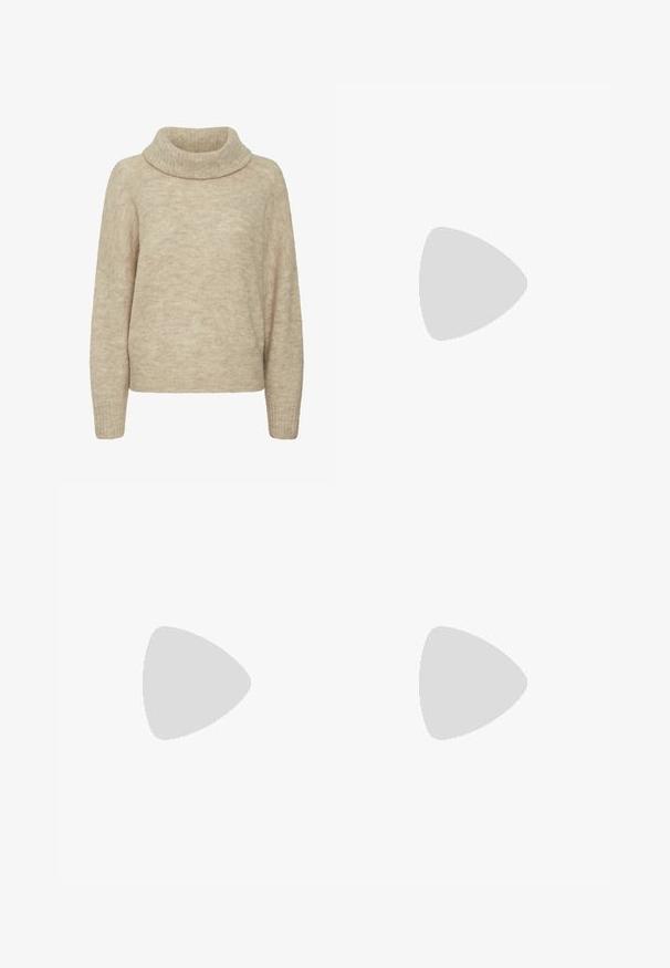 Bež turtleneck pulover iz mehkega materiala; sproščen kroj z dolgimi rokavi in ribanimi manžetami. Strukturna površina z diskretnim vzorcem.; Hlače širokih nogavic v svetli kremni barvi. Narejene iz gladkega materiala s plitkimi naborki spredaj in stranskimi žepi.; Nude patentne gležnjarje z ostrim nosom, bleščečo površino in srednje visokim blok peto. Gladka tekstura in eleganten silhuet.; Rjava usnjena torba z gladko teksturo, odprto zasnovo zgoraj in dvema naramnima trakovoma. Opremljena je z minimalnim šivanjem in brez vidnih kovinskih delov.