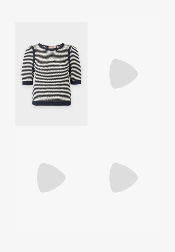 Sweter we w poziome paski w kolorze granatowym i kremowym, z krótkimi bufkami, ściągaczami na mankietach oraz akcentem w postaci logo na piersi.; Plisowana biała spódnica z czarnym elastycznym pasem z logo "LACOSTE". Średniej długości, o miękkiej teksturze.; Białe skórzane sneakersy z grubą białą podeszwą, czarnym zamszowym akcentem na pięcie oraz wytłoczonym logotypem z boku. Projekt z sznurówkami i sześcioma dziurkami.; Czarne, oversize okulary przeciwsłoneczne o geometrycznym kształcie, z ciemnymi soczewkami i kontrastującym szarym detalem na oprawie. Logo na ramieniu.