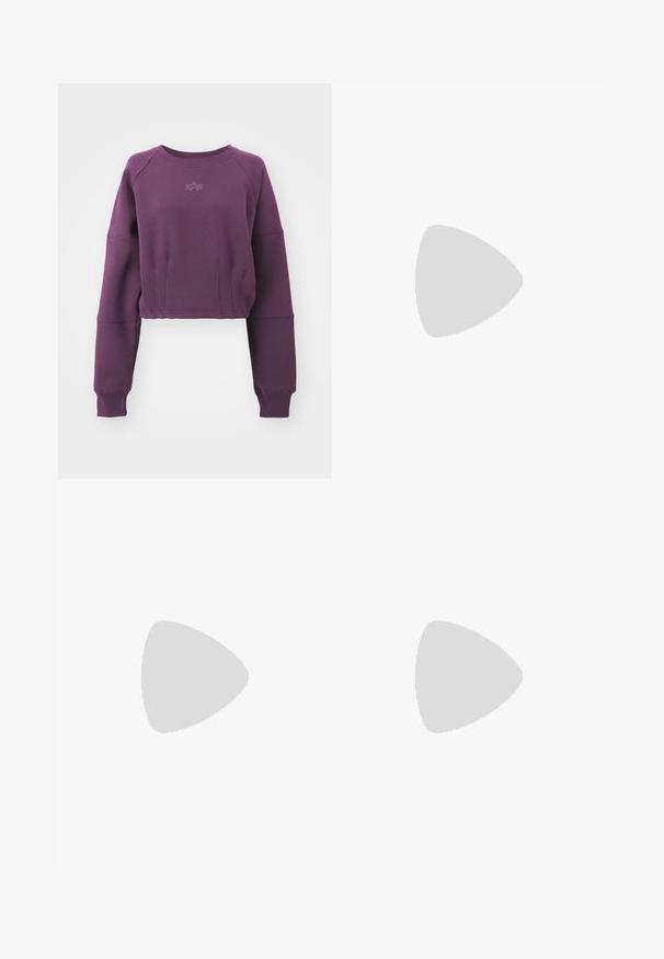 Zkrácená fialová mikina s dlouhými raglánovými rukávy, elastickými manžetami a decentním logem vpředu. Hladká textura s volným střihem.; BDG Urban Outfitters ALICIA BACKLESS  - Triko s potiskem - black (as sample); Černé džíny se kontrastním bílým šitím, pěti kapsami a štítkem na boku. Standardní střih, rovný design nohavic.; Černé semišové nízké tenisky s černými tkaničkami, bílou mezipodešví a značkovou visačkou, v kombinaci s světle modrými zahnuli džínami na modrém povrchu.